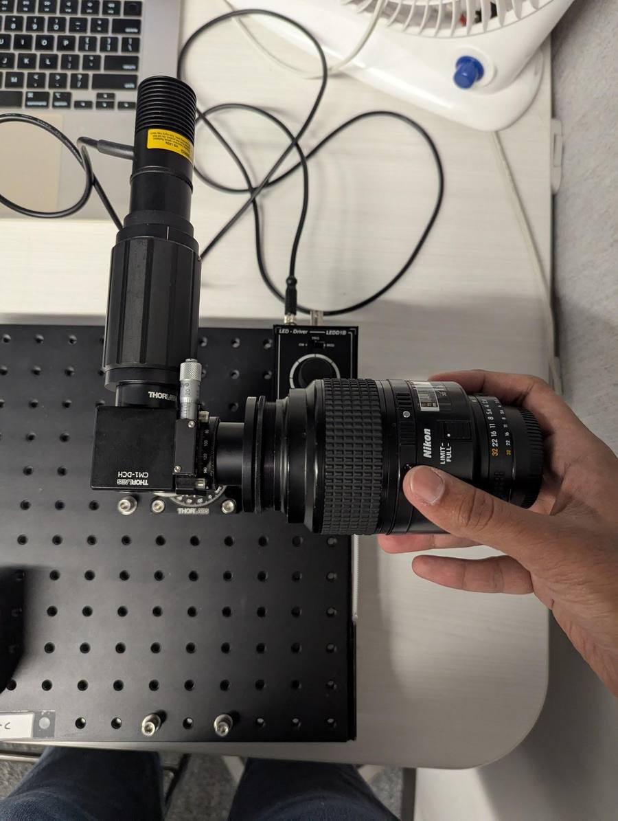 Nikon lens attached to the right of the BS cube